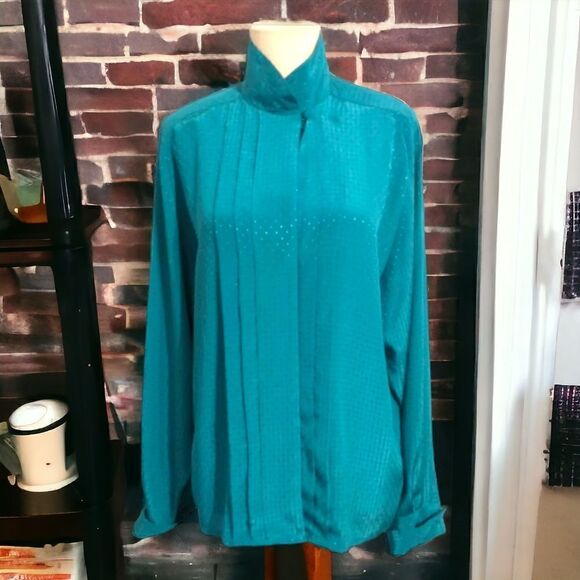 Vintage Tops - Vtg Silky High Neck Blouse Sz M 10 Vintage Academia Career Aqua Teal SK Company.